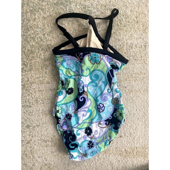 AMOENA Swimsuit 12 Blue Purple Mastectomy One Piece Halter Floral - Picture 3 of 6